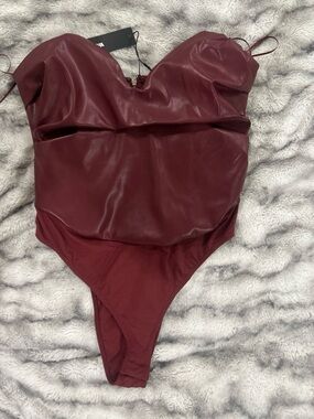 Fashion Nova Burgundy Faux Leather Strapless Bodysuit